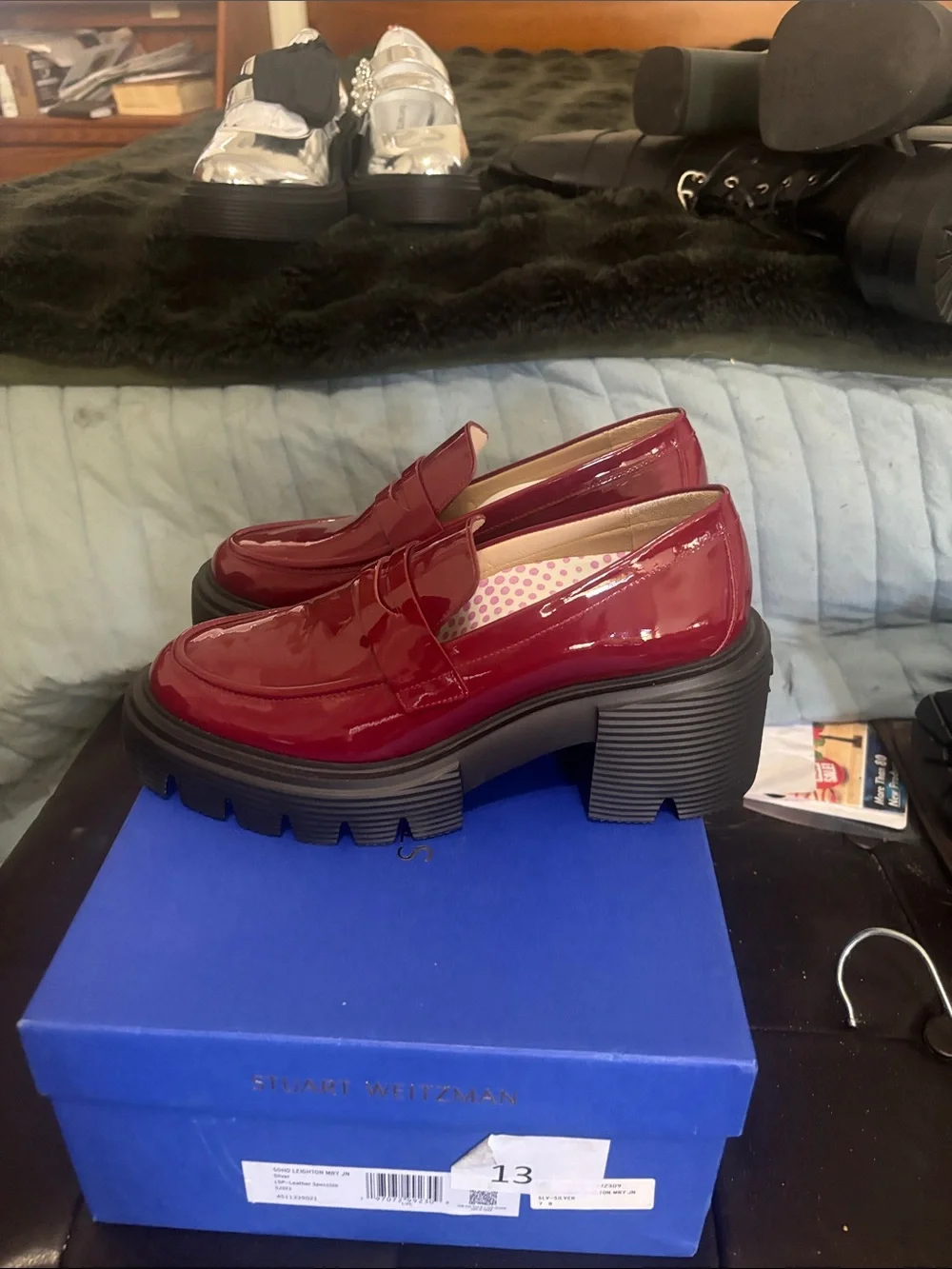 Stuart Weitzman Patent Burgundy Platform Penny Loafers